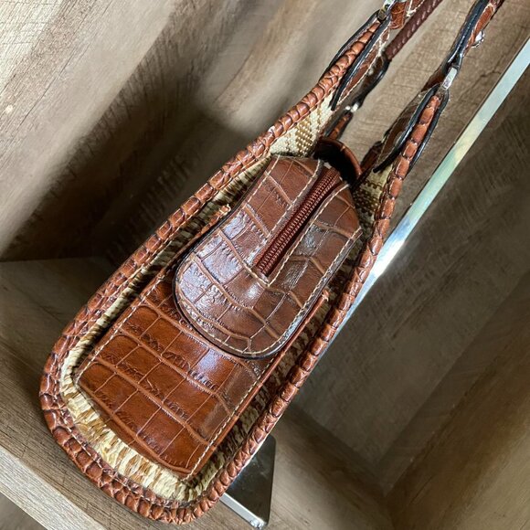 90s Vintage Hobo Shoulder Bag Purse Brown Woven Croc Embossed Western Boho - Picture 2 of 8